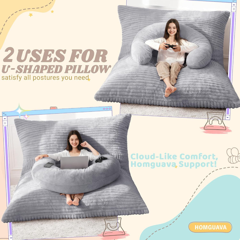 Homguava Giant Bean Bag Chair for Adults with Pillow, 4 in 1 Convertible Floo...