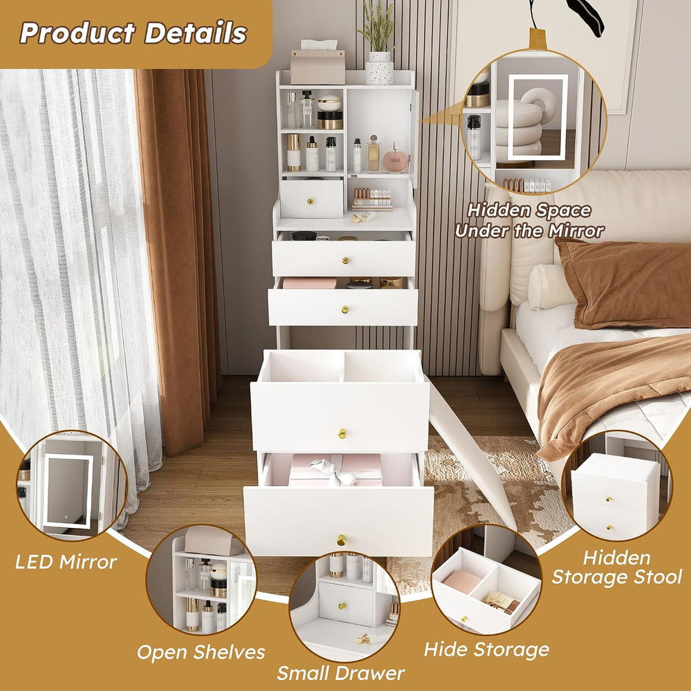 Runboll Compact Dressing Table with Storage Stool & Adjustable Lighted Mi...