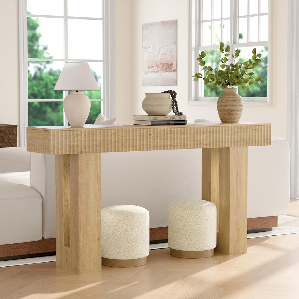 63" Long Console Table, Fluted Sofa Table Behind Couch, Natural Oak | Na...