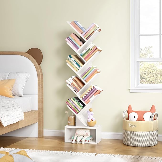 Hoctieon 9 Tier Tree Bookshelf, Tall Bookcase with Drawer, Wood Book Shelf, M...