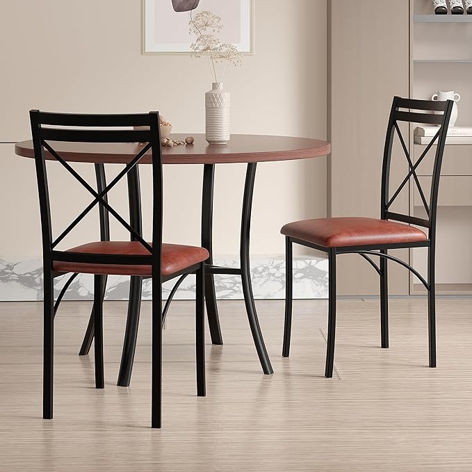 VECELO Metal Dining Chairs Set of 4, Steel Legs and PU Leather Cushion Seats ...