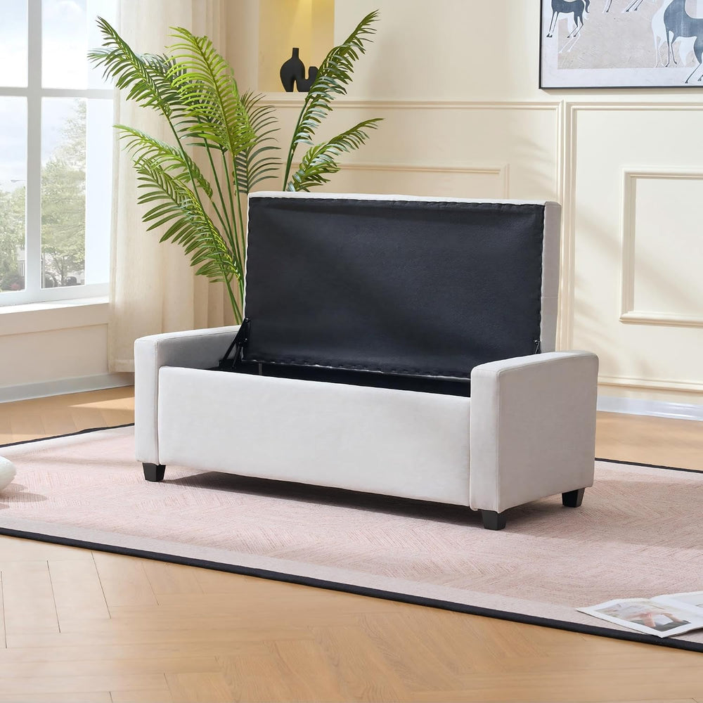 48" Storage Bedroom Bench for End of Bed, Faux Linen Upholstered Storage...