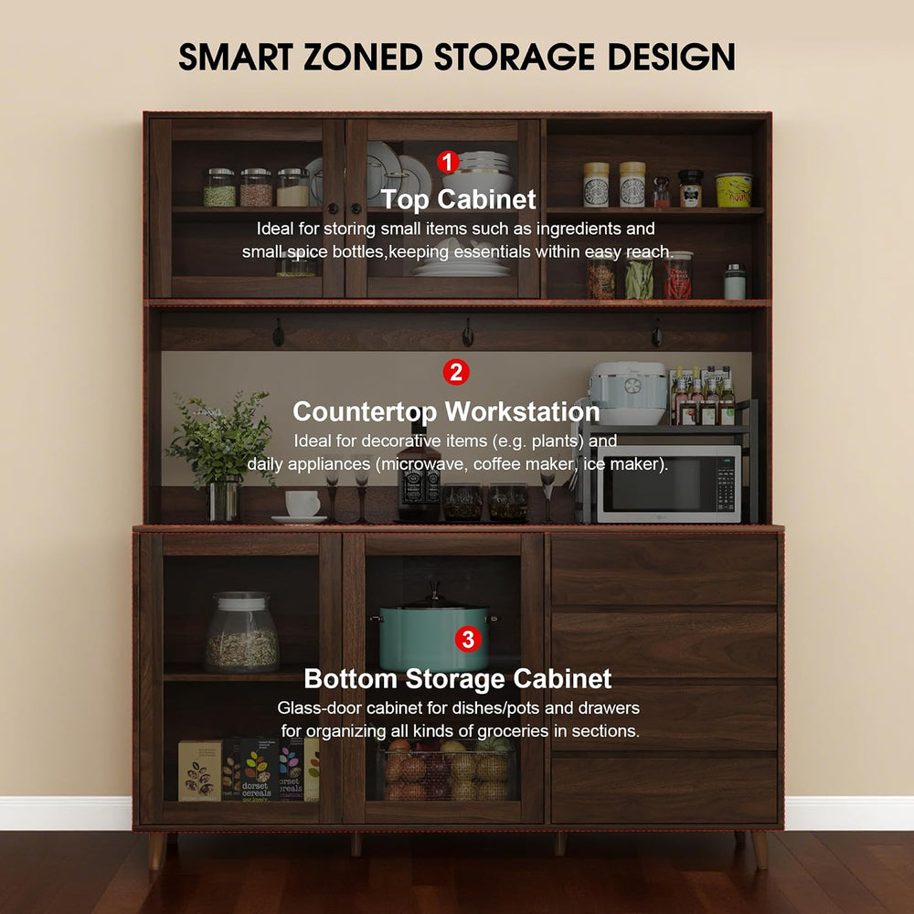63" Large Kitchen Hutch Cabinet with 4 Doors, 4 Drawers and Microwave Sh...