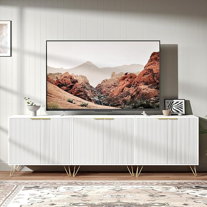 Fluted TV Stand for 90 Inch TV, Modern TV Stand Console, White Entertainment ...