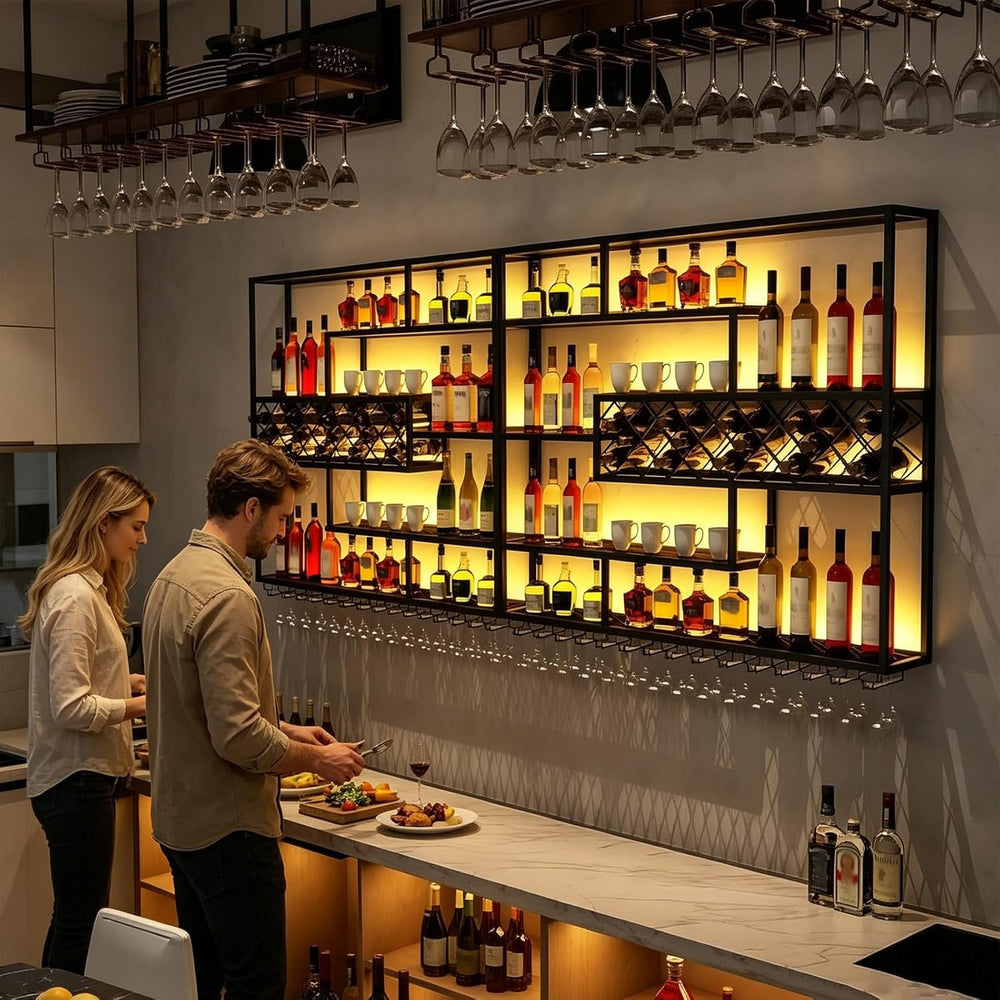 LED Wall Mounted Wine Rack with Glass Holder, Iron Bar Shelf | Warm LED Backl...