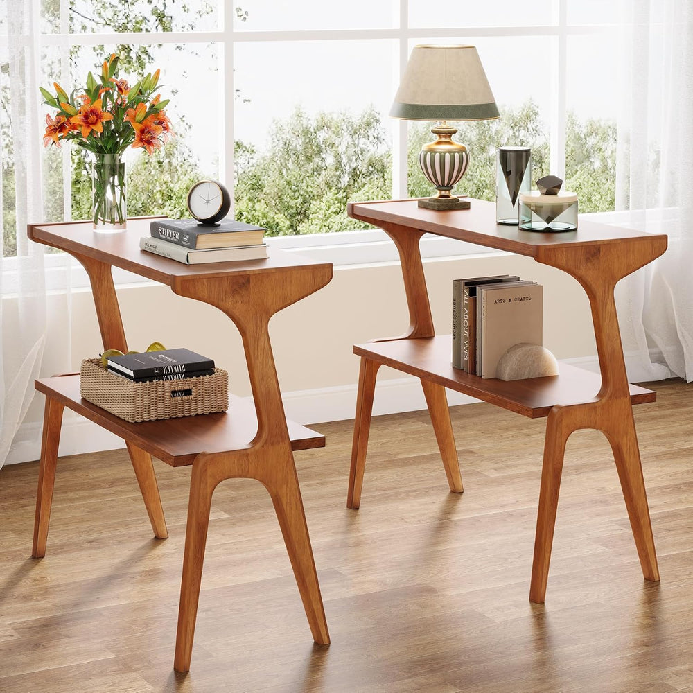 Tribesigns Set of 2 Solid Wood Side Table, 2-Tier Couch End Table with Storag...