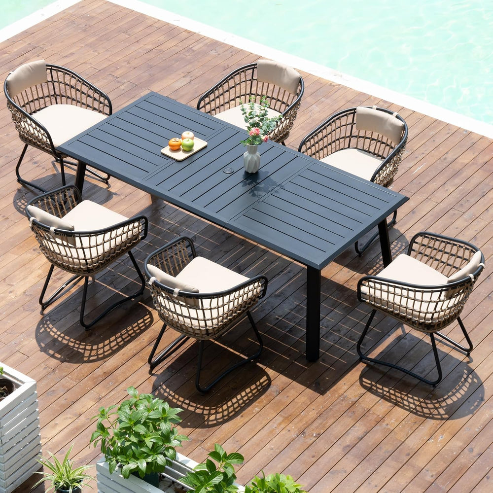 7 Piece Outdoor Dining Set for 6, Aluminum Table & Wicker Chairs