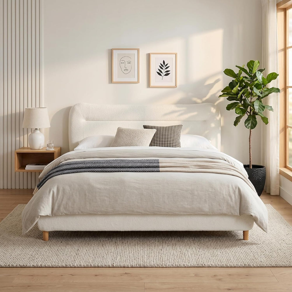 Minimalist Curved Headboard Plush Platform Bed, Queen, Cream Teddy Fabric