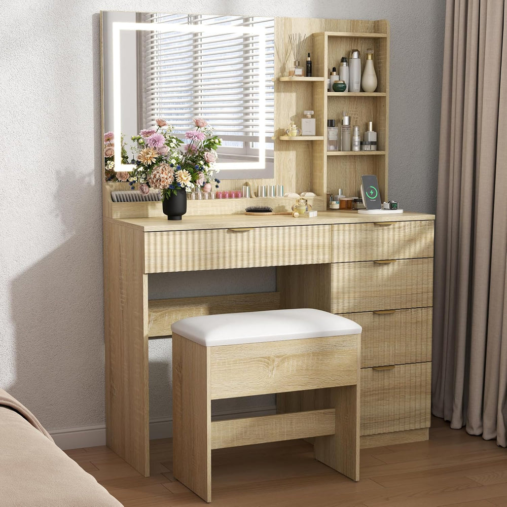 Fluted Vanity Desk with Hidden Storage Stool and Large Mirror, 5 Drawers | Ma...