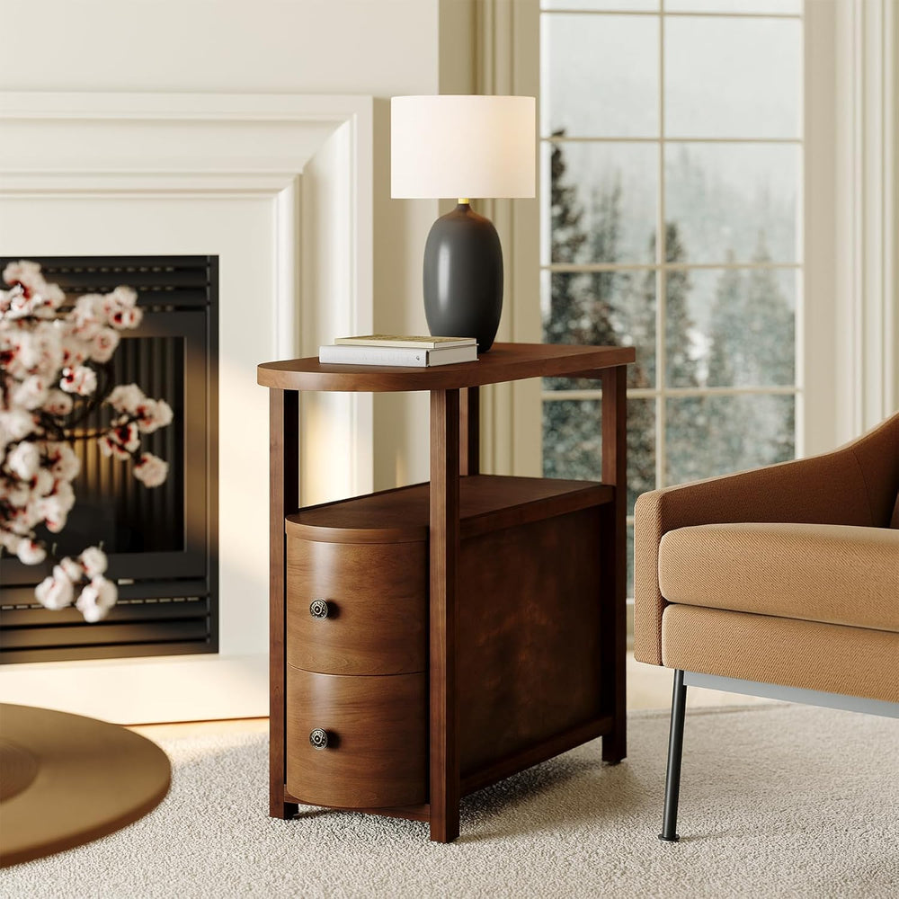 LITTLE TREE Solid Wood End Table with 2 Drawers & Open Shelf, No Assembly...