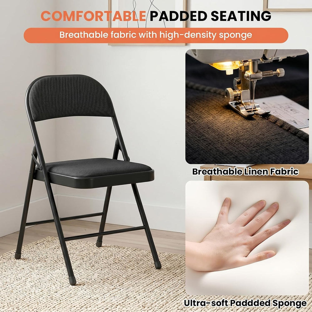 6 Pack Black Folding Chairs with Fabric Padded Cushion and Back | Comfortable...