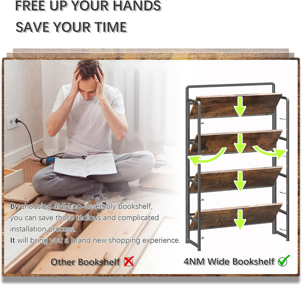 4NM No Assembly Extra Wide 4 Tier Folding Bookshelf Storage Shelves Vintage B...