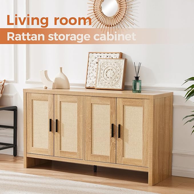 Rattan Buffet Cabinet with Storage, Sideboard Cabinet with Doors and Adjustab...