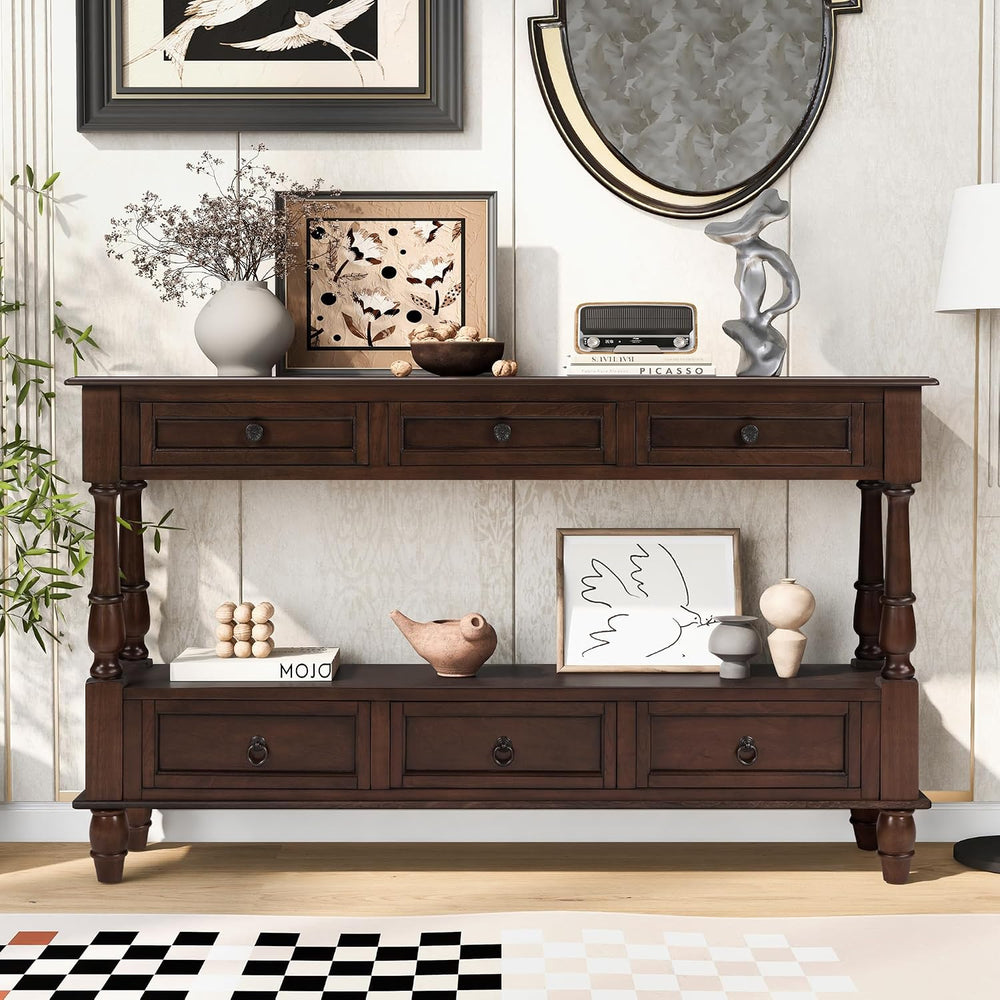 Knocbel Console Table with 6 Storage Drawers and Bottom Shelf, Vintage Sofa T...