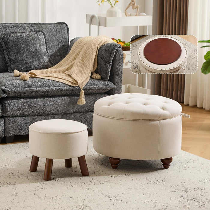 24Inch Round Storage Ottoman, Set of 2, Modern Button Tufted Coffee Table with Removable Top, Upholstered Ottoman with Storage Footrest Stool for Living Room, Bedroom (Khaki)
