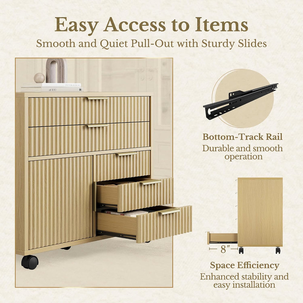 Fluted File Cabinet with 5 Drawers, Large Storage with Cabinet Door, Mobile F...
