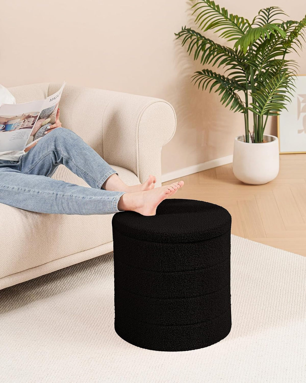B FSOBEIIALEO Folding Storage Ottoman, Round Sherpa Ottomans, Black | 16.9&qu...