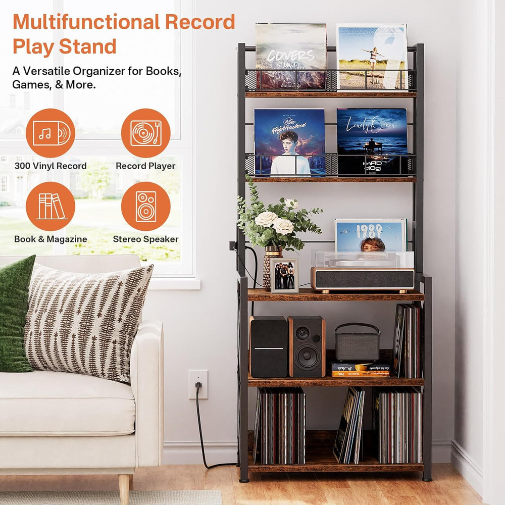Record Player Stand with Power Outlet - Turntable Display Shelf | 5-tier Viny...