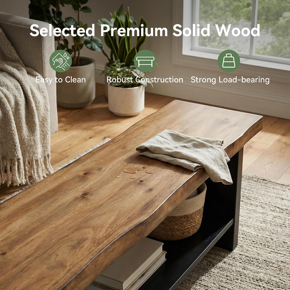 55" Solid Wood Bench with Shoe Storage, 2-Tier Farmhouse Entryway Bench,...