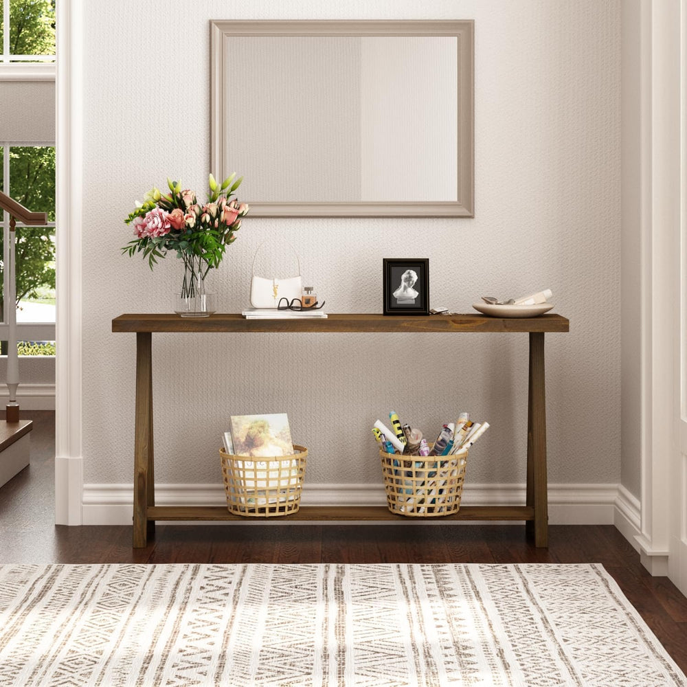 Farmhouse Console Tables for Living Room, 63" Solid Wood 2-Tier Sofa Tab...