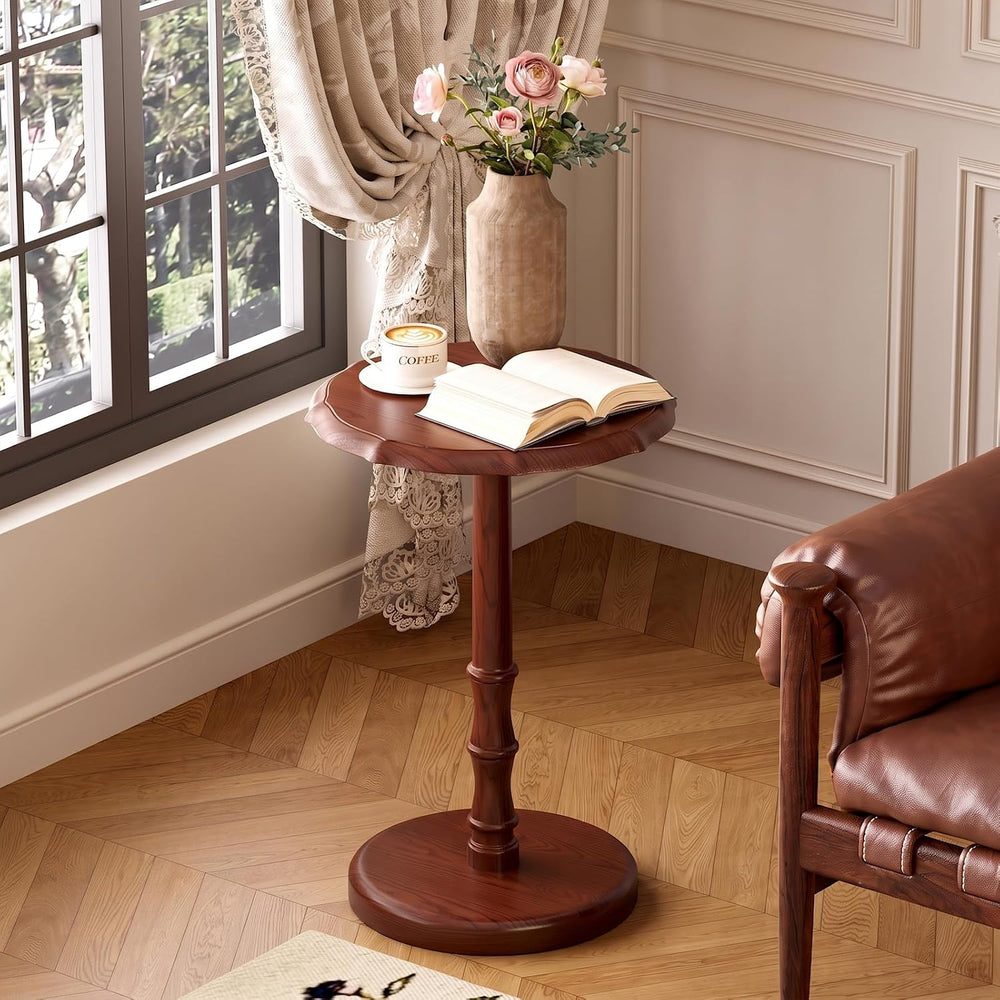 Vintage Pedestal Side Table, 100% Solid Wood Round End Table, Walnut | Small ...