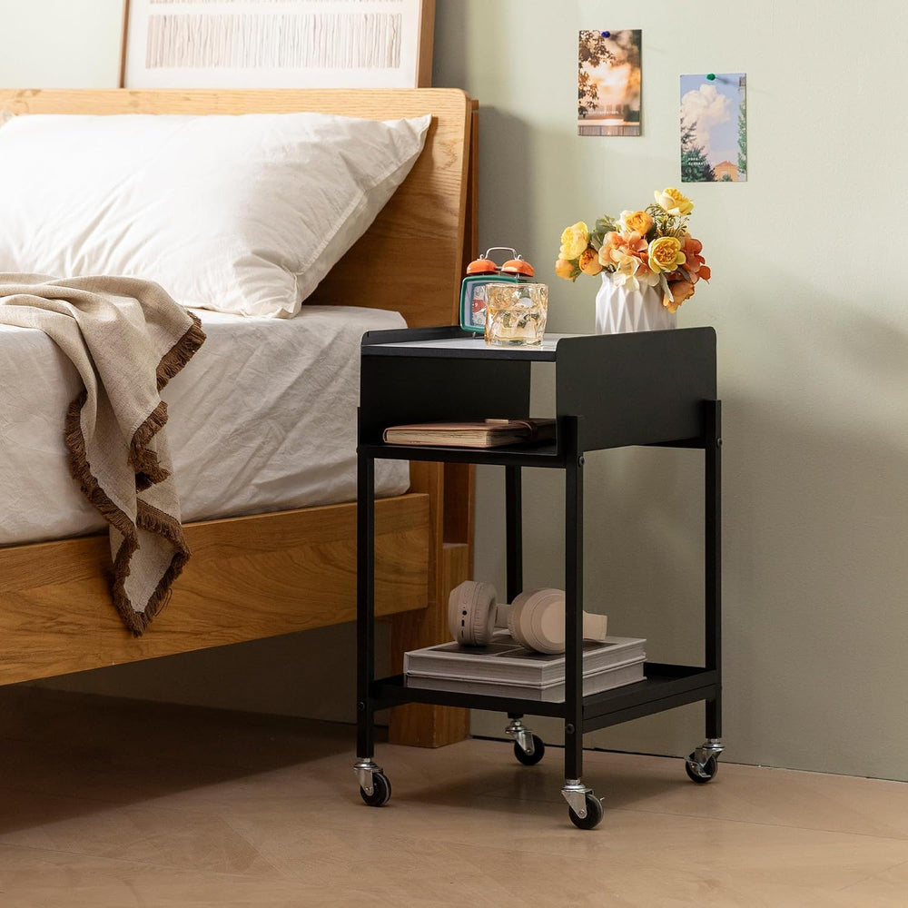 Rolling End Table with Wheels 3-Tier Narrow Side Table Black