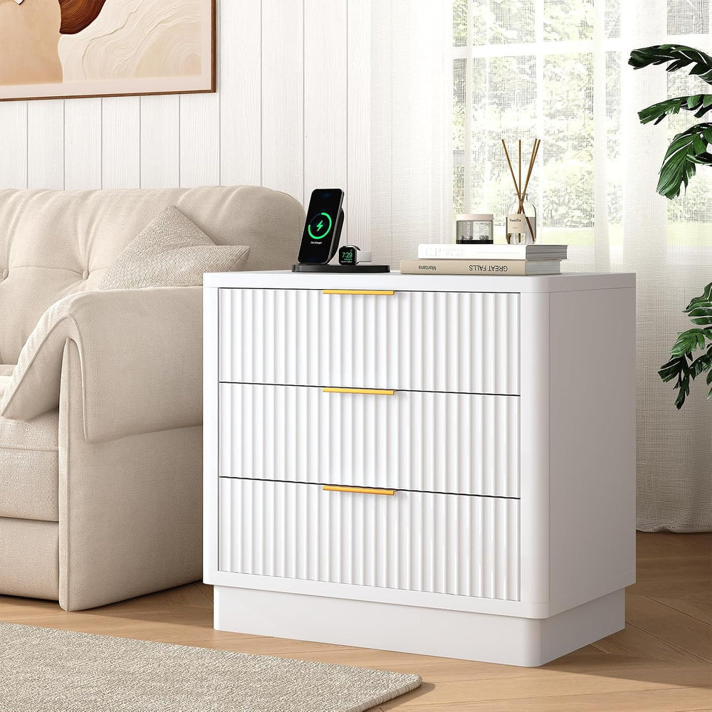 ELYKEN 24'' Nightstand Set of 2, Outlet & 3 Drawers, Fluted Bedsi...