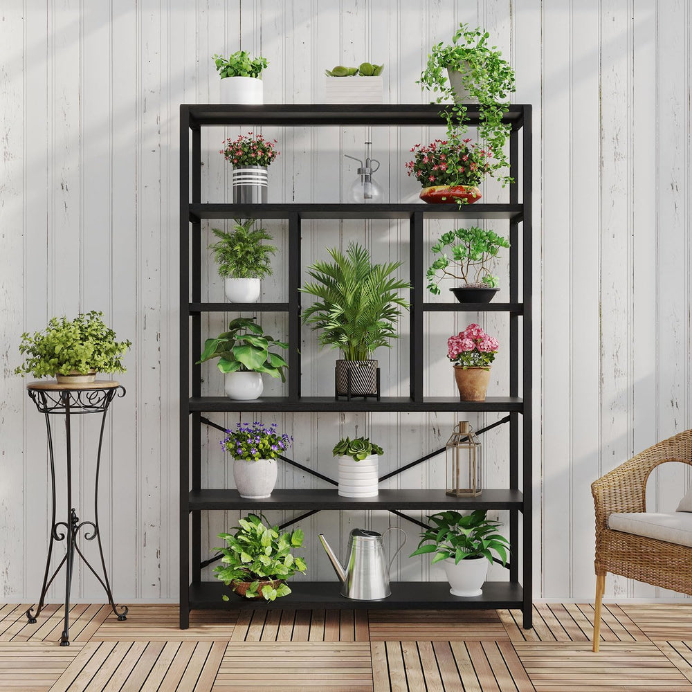 LVB 6 Tier Industrial Bookshelf for Bedroom Living Room Office, Black Oak
