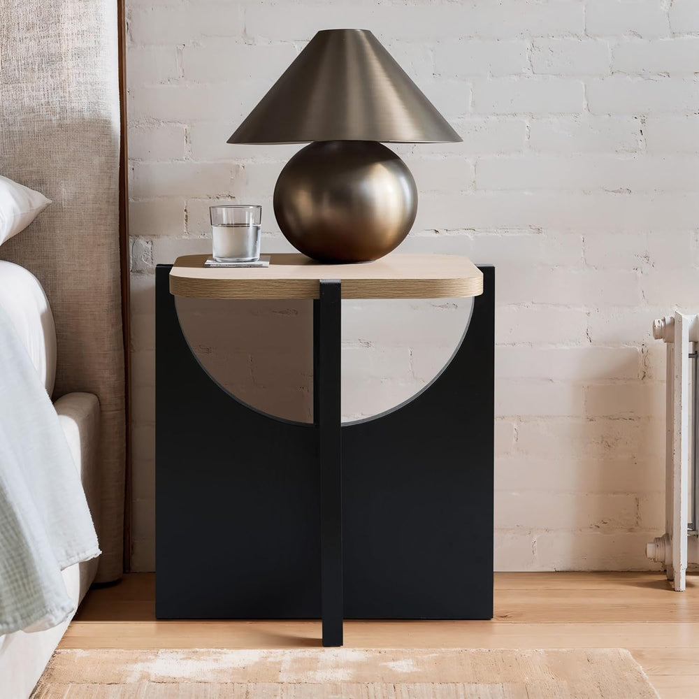 LuxenHome Modern Square Side Table, 19" Black & Brown Wood Accent En...