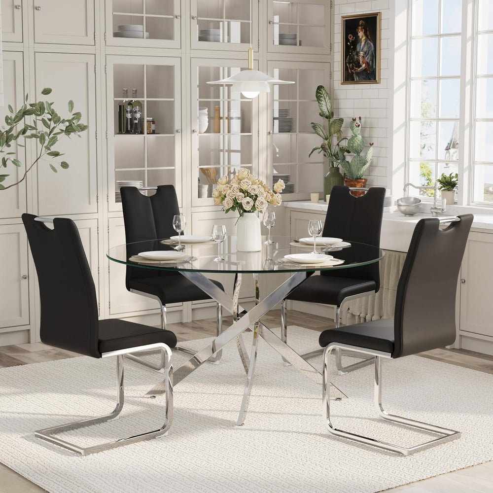 5-Piece Round Dining Table Set for 4, 47" Small Circle Tempered Glass Ki...