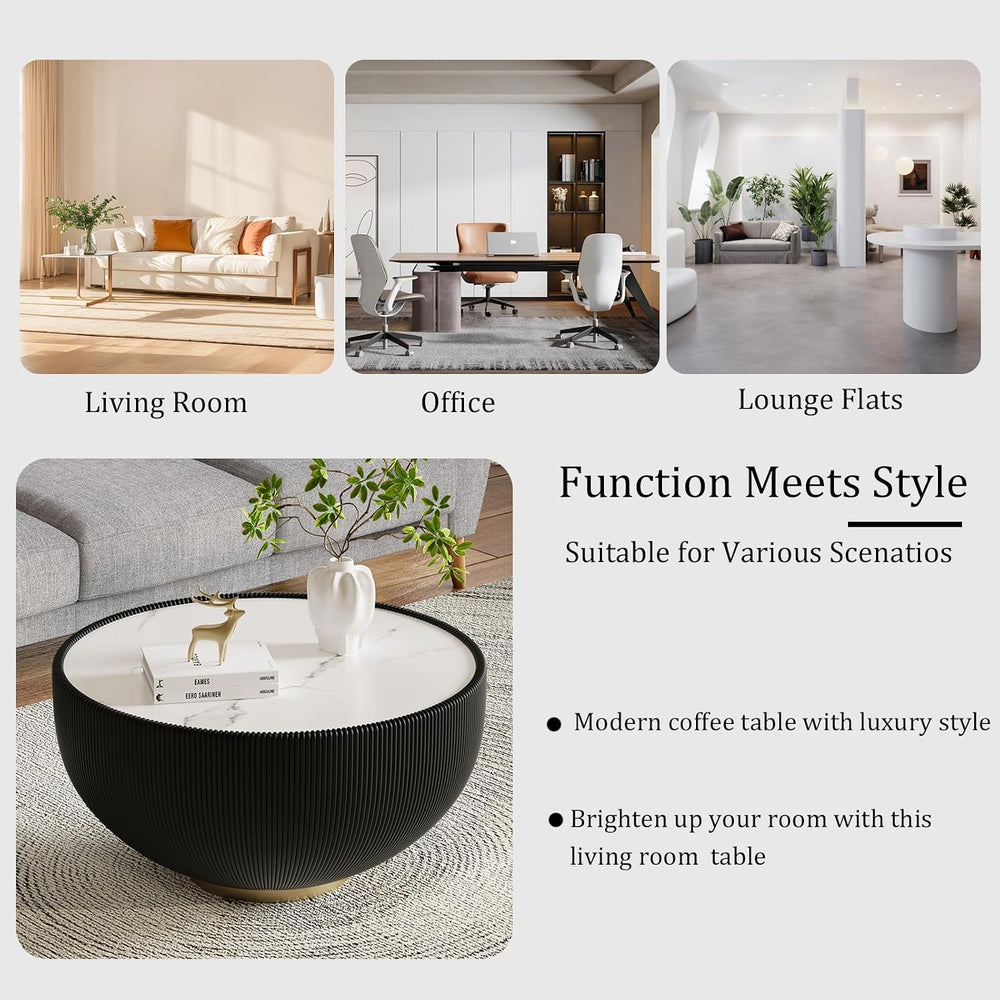 27.55" Black Round Coffee Table, Drum Coffee Table with Sintered Stone T...