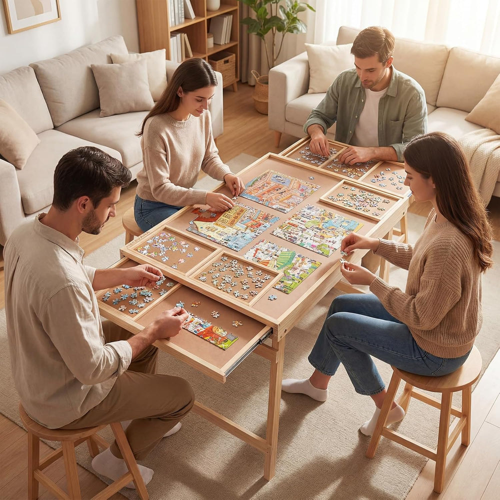 Puzzle Table with Legs & 2 Drawers & 6 Sorting Trays & Cover
