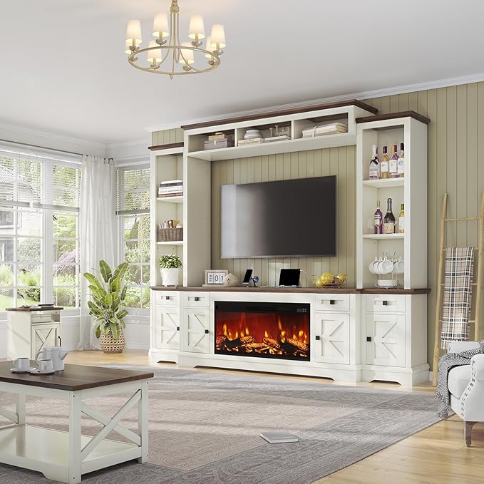 AMERLIFE 98in Farmhouse Entertainment Center with 36" Fireplace, TV Stan...