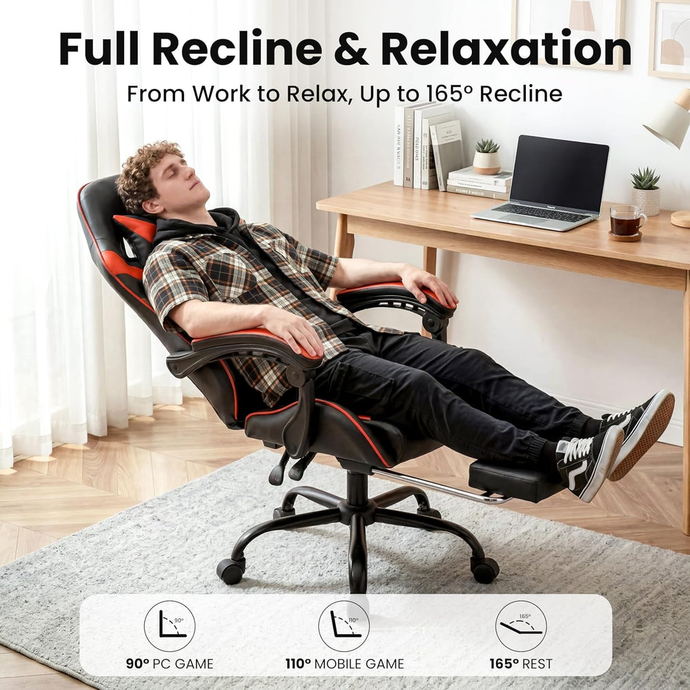 Gaming Chair, Ergonomic Footrest, Lumbar & Headrest(Red Black) | Steel fr...
