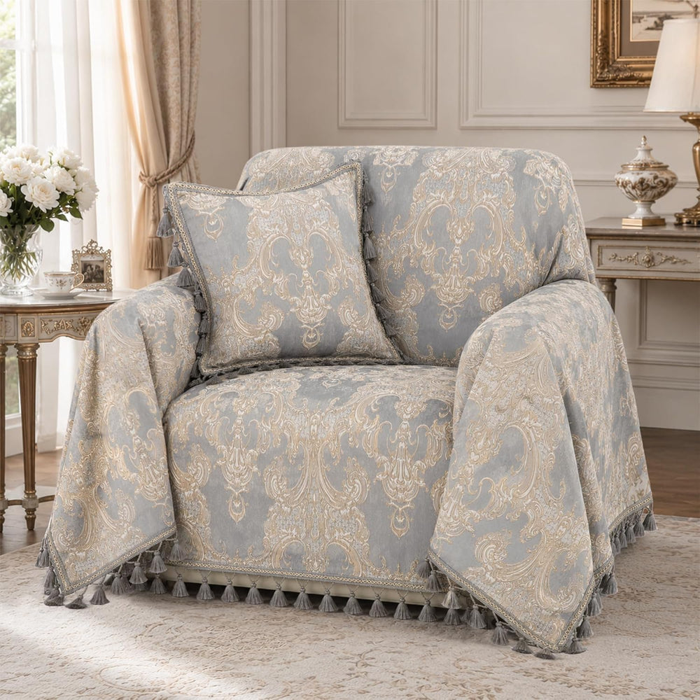Loom and Mill Classic Grey Jacquard Armchair Cover for Recliner, 71x91 Inch