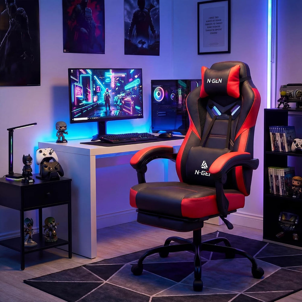 N-GEN GAMING Big & Tall Gaming Chair with Footrest, Lumbar Support, Red |...