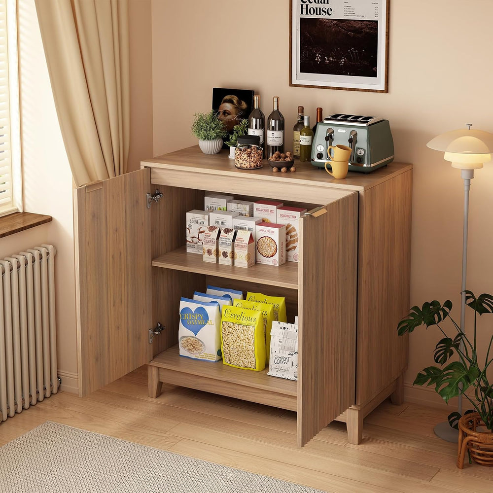 Fluted Accent Cabinet with Doors and Shelves Modern Wood Storage Cabinet for ...