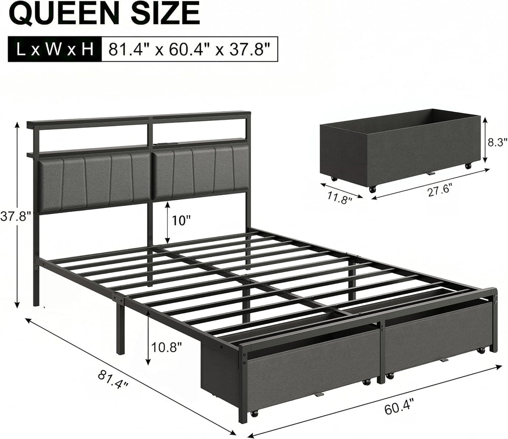Queen Bed Frame with Storage Drawers and Charging Station, Grey