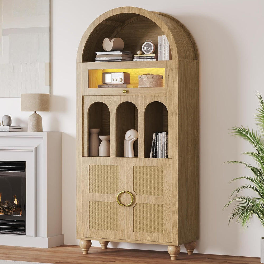 LIKIMIO 72.8'' Tall Arched Cabinet with LED Light, Rattan Door, Natur...
