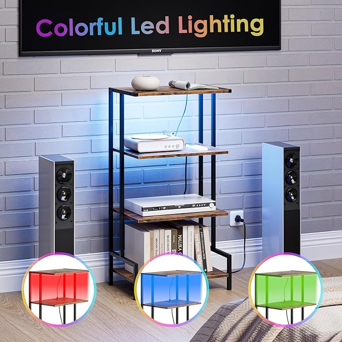 4-Tier AV Media Stand with Power Outlet and LED Lights,Wooden Stereo Stand Ca...