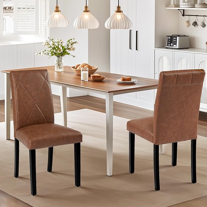 VECELO Upholstered Dining Chairs Set of 2, Modern PU Leather and Solid Wood L...