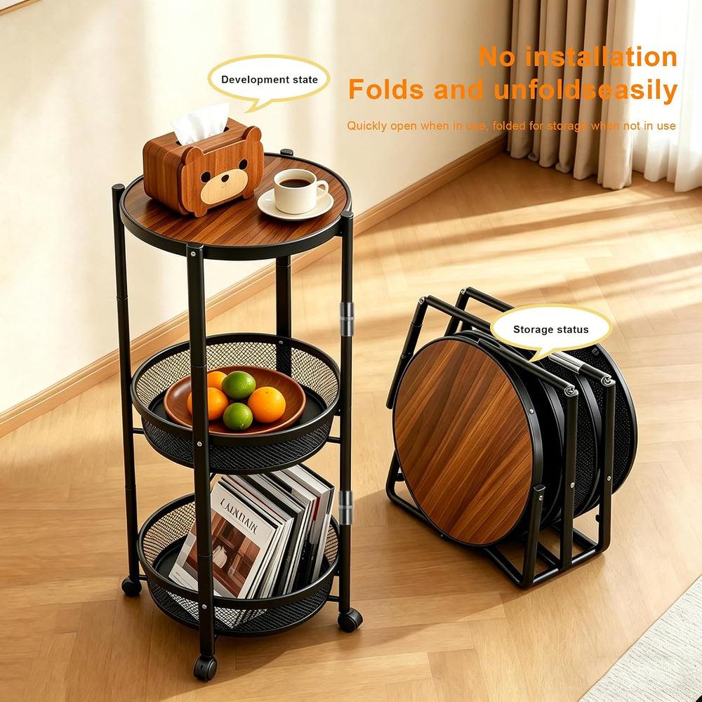 SYO 3-Tier Round Rolling Storage Cart, Foldable Metal Mesh Basket Shelving Un...
