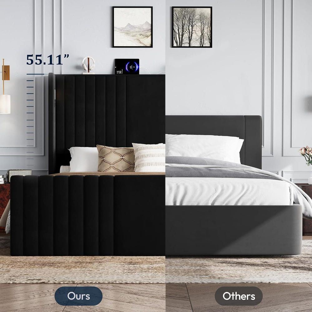 55" Tall King Size Platform Bed Frame with 2 Reading Lights, Black