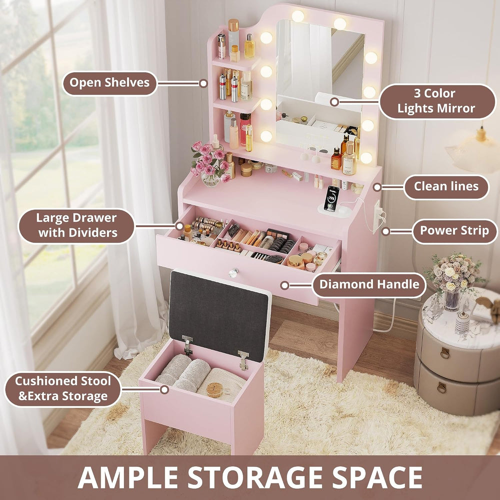 LIKIMIO Small Vanity Desk with Mirror Lights and Storage Stool, Pink | Vanity...