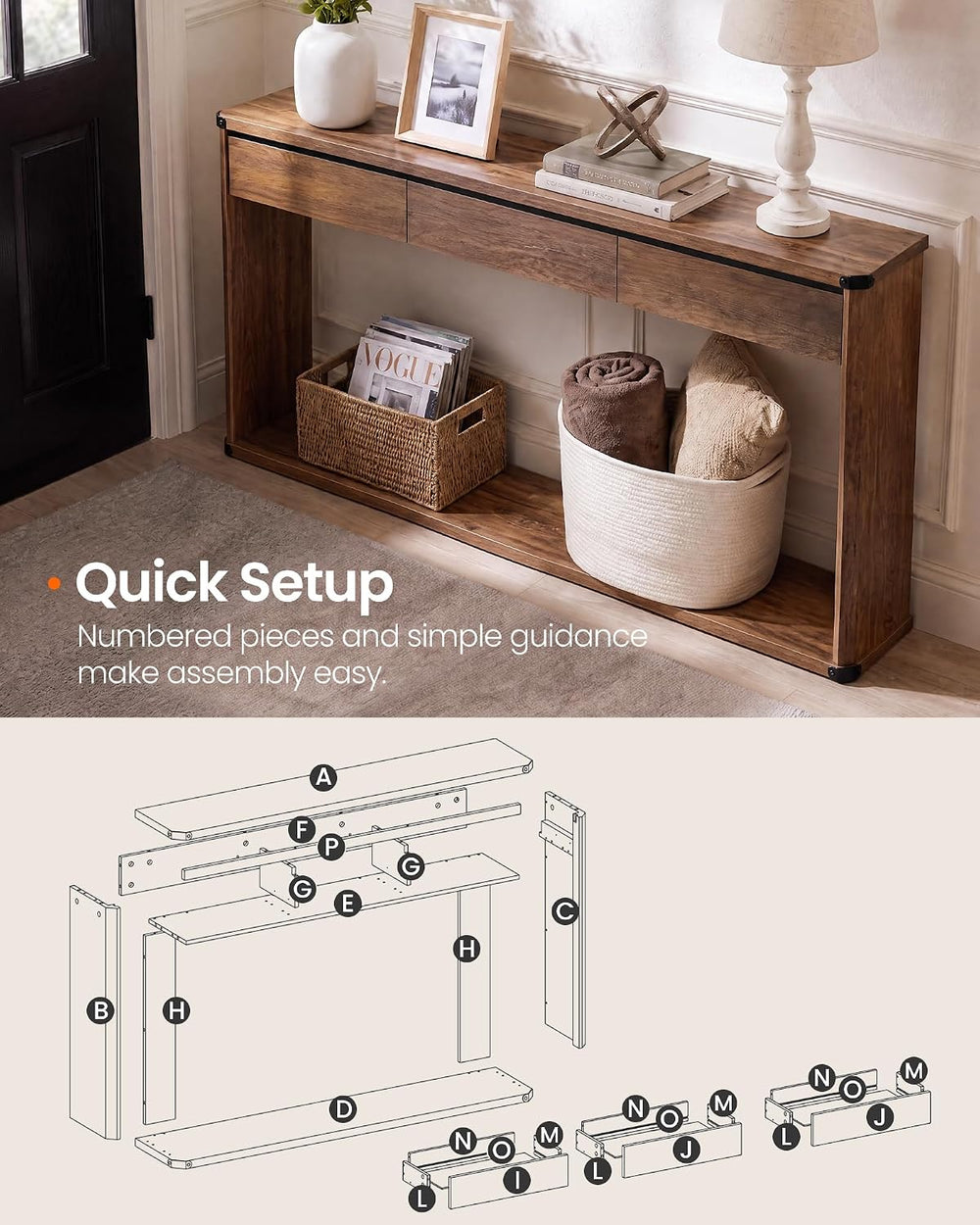SONGMICS HOME 63.2" Console Table with 3 Drawers and Bottom Shelf | Narr...