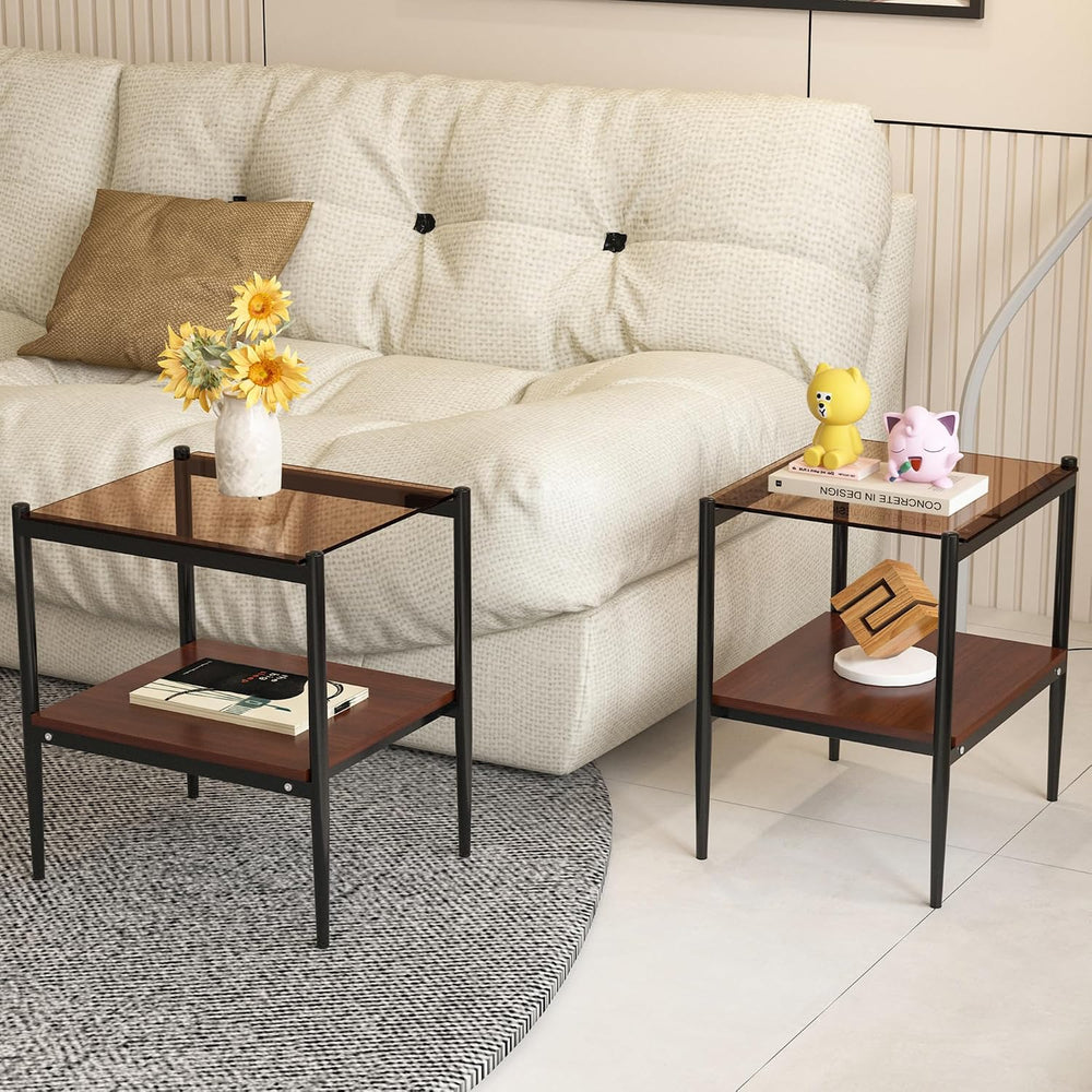 Set of 2 Rectangle End Tables, Tempered Glass Top, Brown | MDF shelf, iron le...