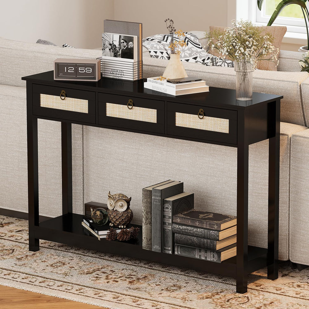 LAZZO 47.3" Rattan Console Table Narrow Entryway Sofa Table with 3 Drawe...