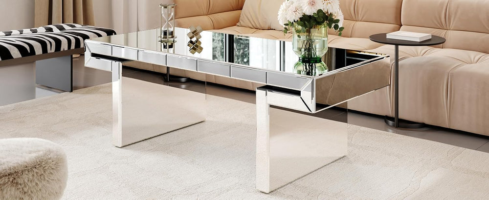 47 Inches Luxury Rectangular Mirror Coffee Table with Tempered Glass, Sofa Si...