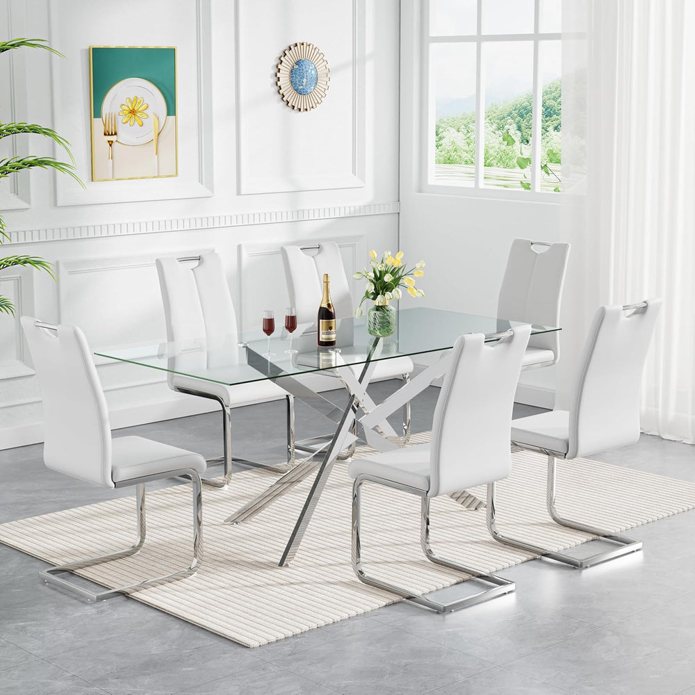 Modern Glass Dining Table Set for 6, 60" Glass Kitchen Table and Chairs ...