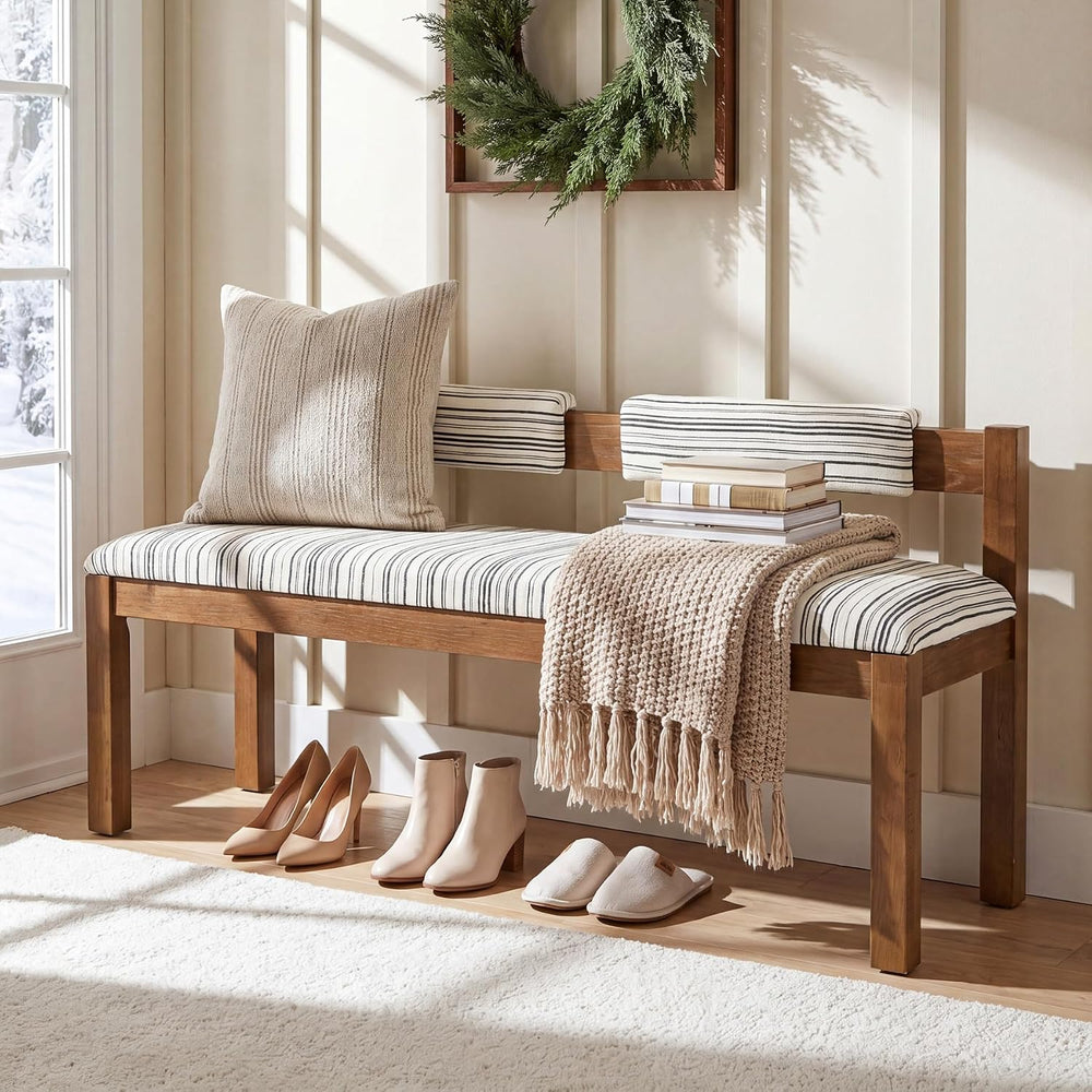 Wood Dining Bench, 55" Upholstered Kitchen Bench with Backrest | Farmhou...